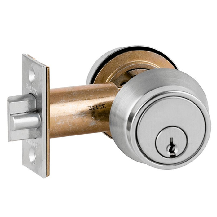 Schlage B252 Grade 2 Double Cylinder Deadlatch – Satin Chrome finish, exploded view showing latch body, cylinder, and strike plate