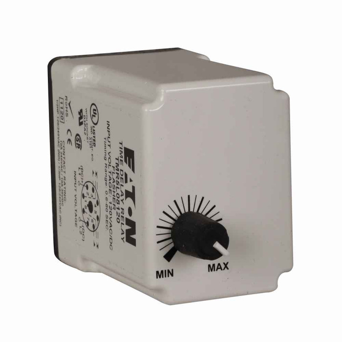 Eaton TMR5P0512 TMR5 Series Time Delay Relays, Octal style terminals, 11 pins, OFF delay (power trigger), 0.1-10 sec time delay, 12 Vac/dc input voltage, 10A max. allowable load, DPDT contact configuration