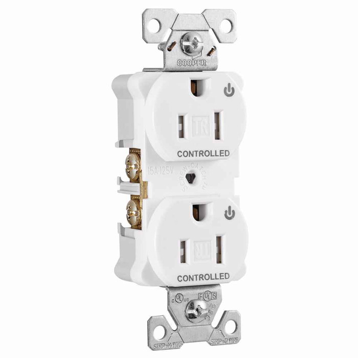 Eaton TR5262CDW Arrow Hart heavy duty industrial specification grade duplex receptacle, Tamper resistant,auto-grounding, Dual control, #14-10 AWG, 15A, Flush, 125V, White, Brass, Impact-resistant thermoplastic face,PVC body, 5-15R, 2-pole, 3-wire, ,
