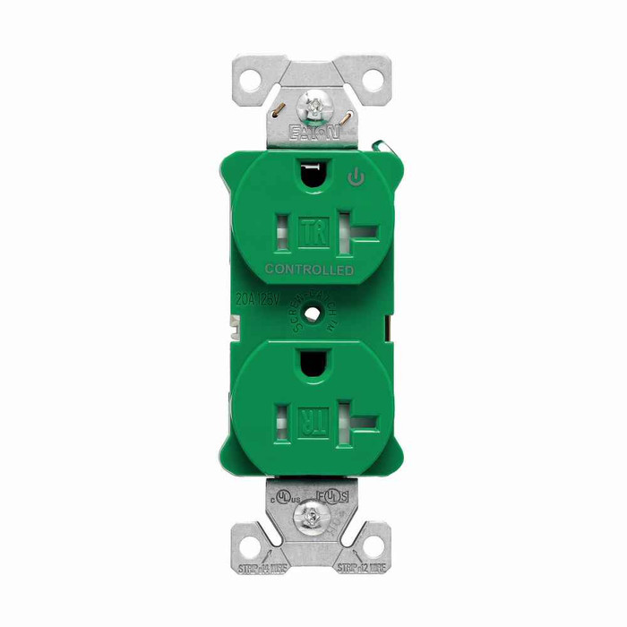 Eaton TR5362CHGN Arrow Hart heavy-duty industrial specification grade duplex receptacle,#14-10 AWG,20A,Flush,125V,Back and side,Green,Brass,Impact-resistant thermoplastic face,PVC body,5-20R,Screw,Core pack,Tamper-resistant|Auto-grounding|Half