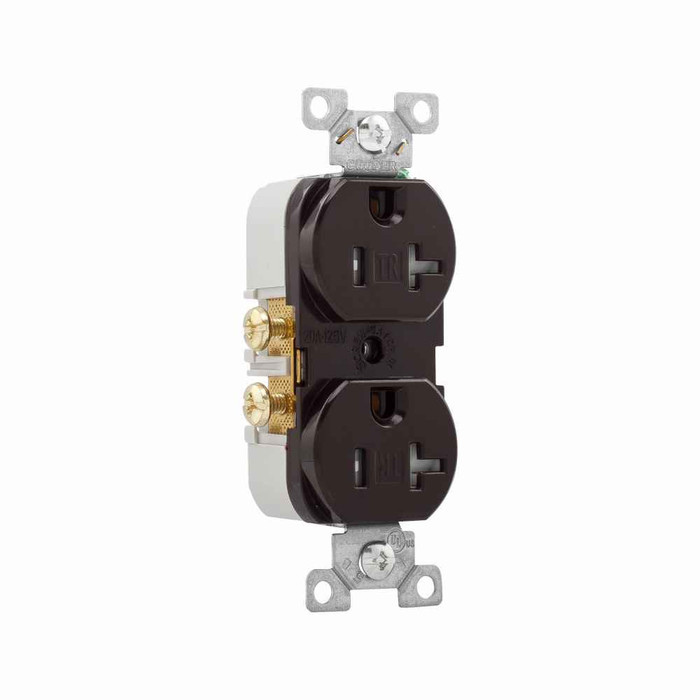 Eaton TRCR20B commercial specification grade duplex receptacle, #14-10 AWG, 20A, Commercial, Flush, 125V, Side wire, Brown, Brass, Impact-resistant nylon face, PVC body, 5-20R, Duplex, Screw, PVC, Core pack Eaton TRCR20B commercial specification grade duplex receptacle, #14-10 AWG, 20A, Commercial, Flush, 125V, Side wire, Brown, Brass, Impact-resistant nylon face, PVC body, 5-20R, Duplex, Screw, PVC, Core pack