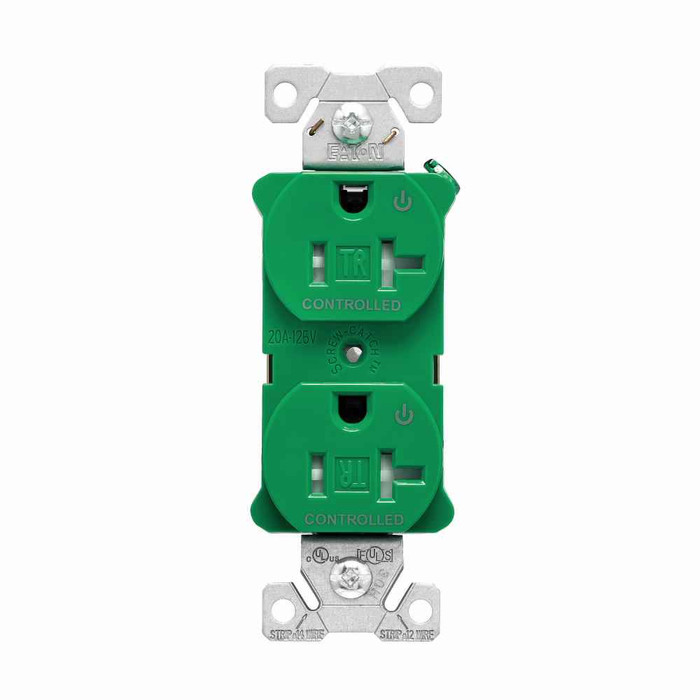 Eaton TR5362CDGN Arrow Hart heavy-duty industrial specification grade duplex receptacle,#14-10 AWG,20A,Flush,125V,Back and side,Green,Brass,Impact-resistant thermoplastic face,PVC body,5-20R,Screw,Core pack,Tamper-resistant|Auto-grounding|Dual