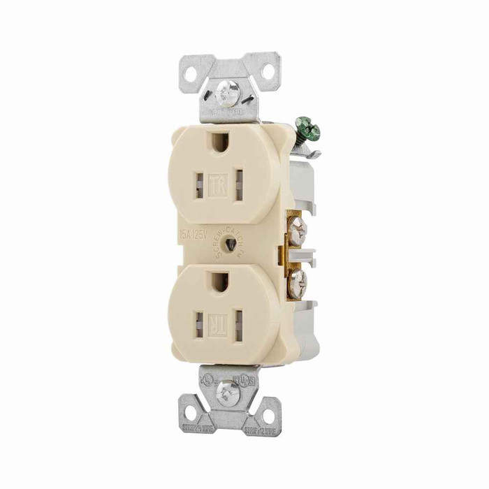 Eaton TR5262V Arrow Hart heavy-duty industrial specification grade duplex receptacle,#14-10 AWG,15A,Industrial,Flush,125V,Back and side,Ivory,Brass,Impact-resistant thermoplastic face,PVC body,5-15R,Duplex,Screw,Thermoplastic,Core pack