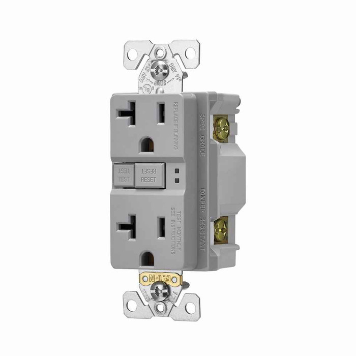 Eaton TRSGF20GY GFCI receptacle,Tamper resistant,Self-test,#14 - 10 AWG,20A,Residential,Commercial,Flush,125 V,GFCI,Back and side wire,Gray,Brass,Receptacle,Tamper resistant,Polycarbonate,5-20R,Two-pole, three-wire, grounding Eaton TRSGF20GY GFCI receptacle,Tamper resistant,Self-test,#14 - 10 AWG,20A,Residential,Commercial,Flush,125 V,GFCI,Back and side wire,Gray,Brass,Receptacle,Tamper resistant,Polycarbonate,5-20R,Two-pole, three-wire, grounding