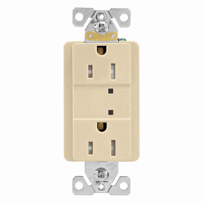 Eaton TR5260VS-SP-L TVSS receptacle, LED indicat, #14 - #10 AWG, 15A, Comm specif, Wall/flush mnt, Bk and sd wire, 840J, 2 recept, -40° to 60°C, Ivory, Brs, Strght blade, Hi-impct resist thermpls/nylon, 5-15R, Dplx 756320 756320