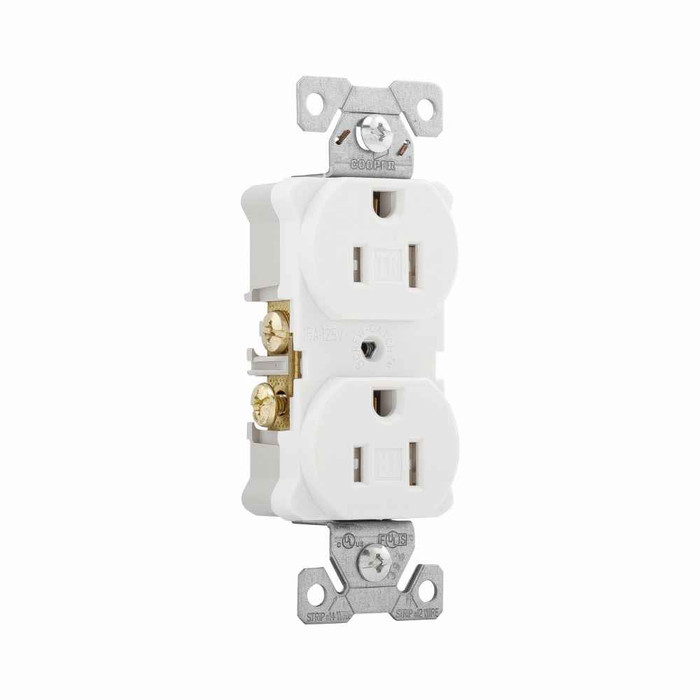 Eaton TR5262W Arrow Hart heavy-duty industrial specification grade duplex receptacle,#14-10 AWG,15A,Industrial,Flush,125V,Back and side,White,Brass,Impact-resistant thermoplastic face,PVC body,5-15R,Duplex,Screw,Thermoplastic,Core pack