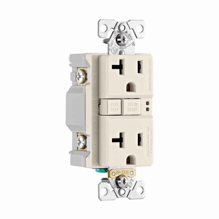 Eaton TRSGF20LA GFCI receptacle,Tamper resistant,Self-test,#14 - 10 AWG,20A,Residential,Commercial,Flush,125 V,GFCI,Back and side wire,Light almond,Brass,Receptacle,Tamper resistant,Polycarbonate,5-20R,Two-pole, three-wire, grounding