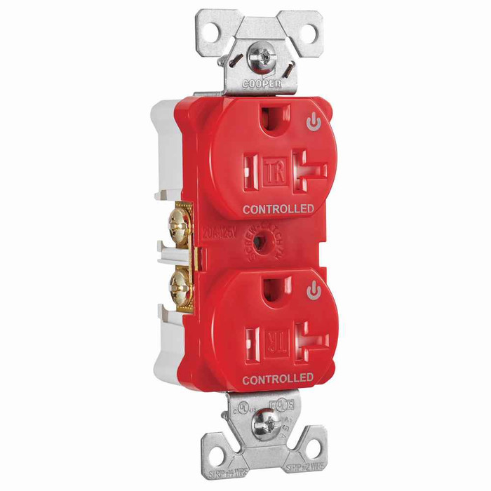 Eaton TR5362CDRD Arrow Hart heavy duty industrial specification grade duplex receptacle, Tamper resistant,auto-grounding, Dual control, #14-10 AWG, 20A, Flush, 125V, Red, Brass, Impact-resistant thermoplastic face,PVC body, 5-20R, 2-pole, 3-wire, ,