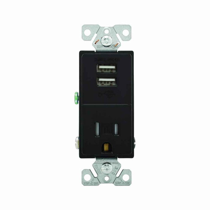 Eaton TR7741BK-BOX combination USB charger with receptacle, Tamper resistant, 15A at 125 Vac, 2.4A at 5 Vdc, Flush mount, 125 Vac, 5 Vdc, Side wiring, Black, Brass, 5-15R, Two-pole, three-wire, grounding, Decorator, Thermoplastic