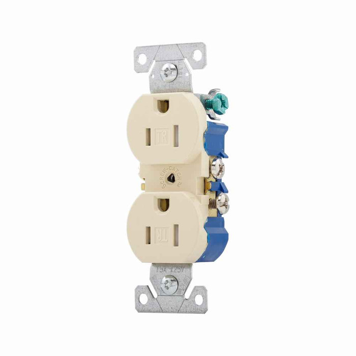 Eaton TR270V10 residential grade duplex receptacle, #14-10 AWG, 15A, Commercial|Residential, Flush, 125V, Side and push, Ivory, Brass, Impact-resistant thermoplastic face, PVC body, 5-15R, Duplex, Screw, Thermoplastic, Bulk
