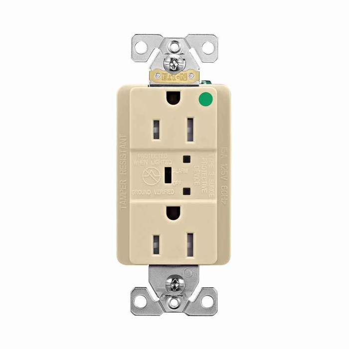 Eaton TR8262VS TVSS receptacle, HG, LED indicat and alarm, #14 - #10 AWG, 15A, Comm specif, Wall/flush mnt, Bk and sd wire, 840J, 2 recept, -40° to 60°C, Ivory, Brs, Strght blade, Hi-impct resist thermpls/nylon, 5-15R, Dplx 756474 756474