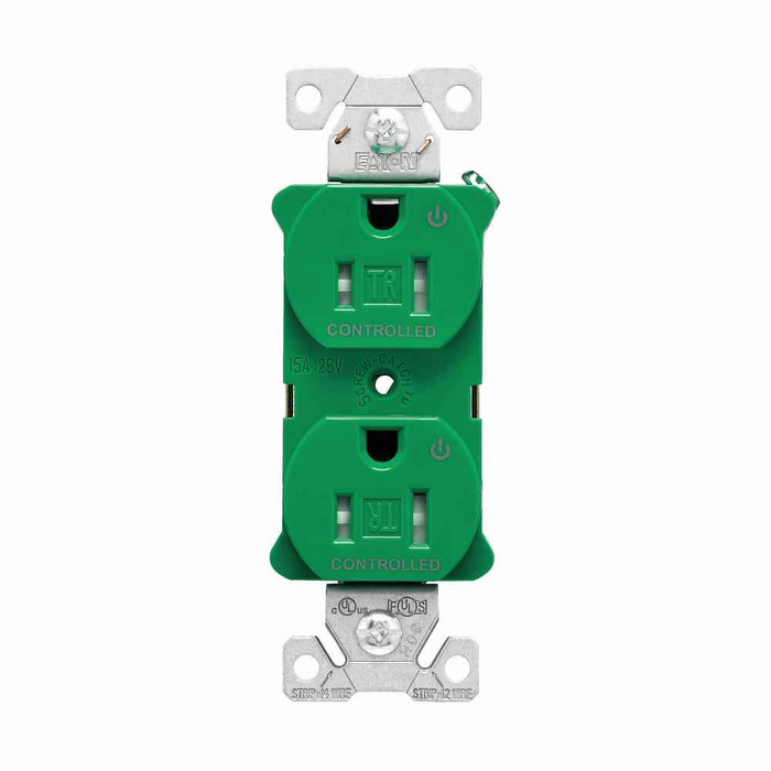 Eaton TR5262CDGN Arrow Hart heavy-duty industrial specification grade duplex receptacle,#14-10 AWG,15A,Flush,125V,Back and side,Green,Brass,Impact-resistant thermoplastic face,PVC body,5-15R,Screw,Core pack,Tamper-resistant|Auto-grounding|Dual