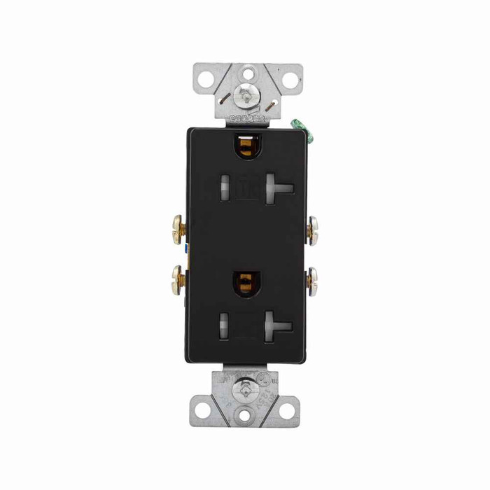 Eaton TR1307BK-BOX residential grade decorator duplex receptacle, #14-10 AWG, 20A, Commercial|Residential, Flush, 125V, Side wire, Black, Brass, Impact-resistant thermoplastic face, PVC body, 5-20R, Duplex, Screw, Thermoplastic, ED Box