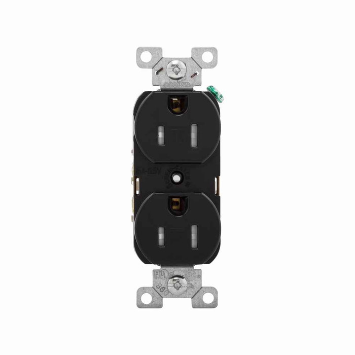Eaton TRBR15BK-SPL2 commercial specification grade duplex receptacle, #14-10 AWG, 15A, Commercial, Flush, 125V, Back and side, Black, Brass, Impact-resistant nylon face, PVC body, 5-15R, Duplex, Screw, PVC, Retail Box, Tamper-resistant, Shelf pack