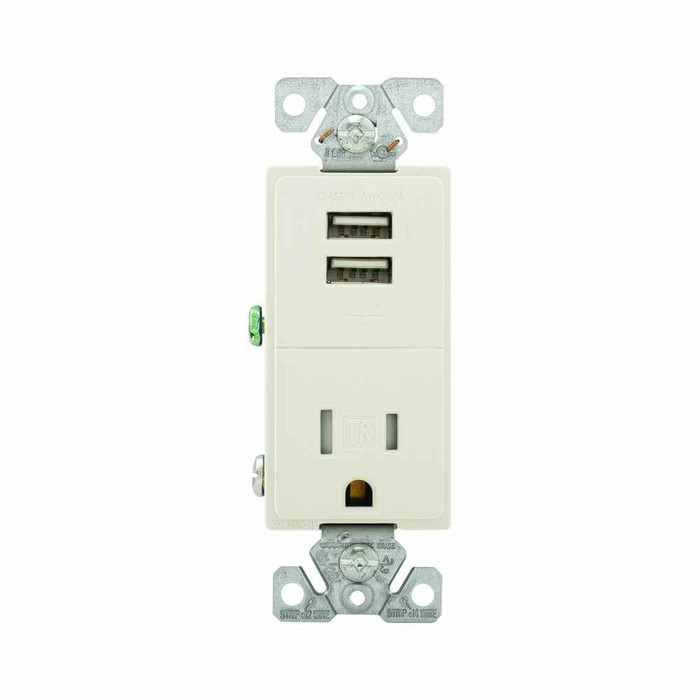 Eaton TR7741LA-BOX combination USB charger with receptacle, Tamper resistant, 15A at 125 Vac, 2.4A at 5 Vdc, Flush mount, 125 Vac, 5 Vdc, Side wiring, Light almond, Brass, 5-15R, Two-pole, three-wire, grounding, Decorator, Thermoplastic