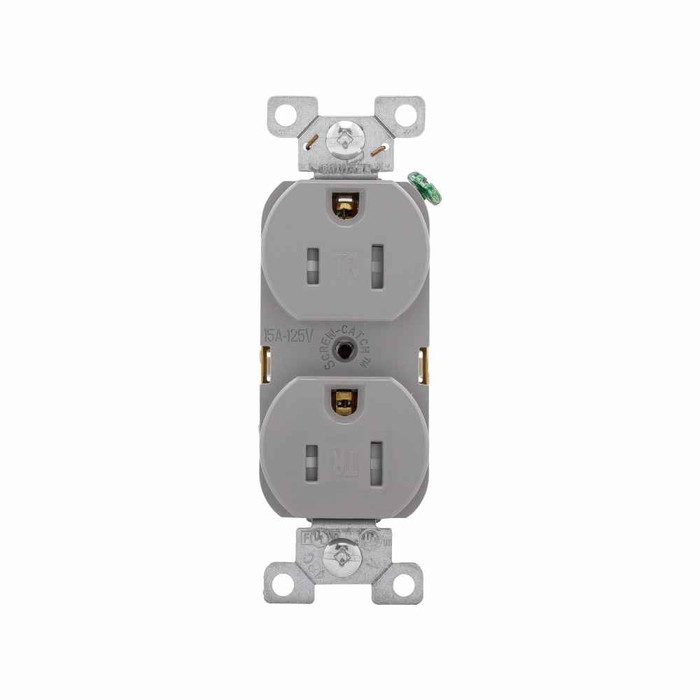 Eaton TRBR15GYBXSP commercial specification grade duplex receptacle, #14-10 AWG, 15A, Commercial, Flush, 125V, Back and side, Gray, Brass, Impact-resistant nylon face, PVC body, 5-15R, Duplex, Screw, PVC, ED Box