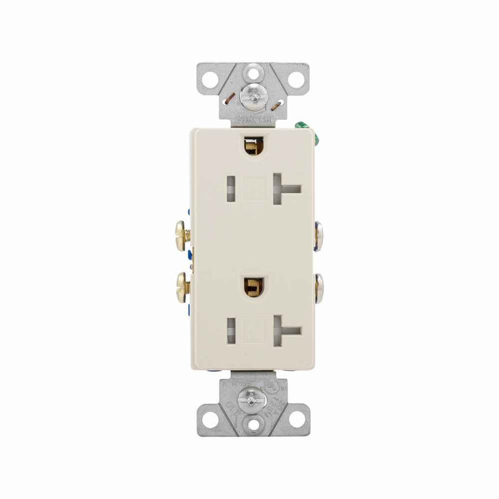 Eaton TR1307LA-BOX residential grade decorator duplex receptacle, #14-10 AWG, 20A, Commercial|Residential, Flush, 125V, Side wire, Light almond, Brass, Impact-resistant thermoplastic face, PVC body, 5-20R, Duplex, Screw, Thermoplastic, ED Box