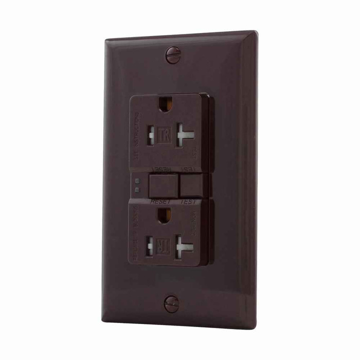 Eaton TRSGF20FB GFCI receptacle,NAFTA compliant,Self-test,#14 - 10 AWG,20A,Residential,Commercial,Flush,125 V,GFCI,Back and side wire,Brown,Brass,Receptacle,Tamper resistant,Polycarbonate,5-20R,Two-pole, three-wire, grounding