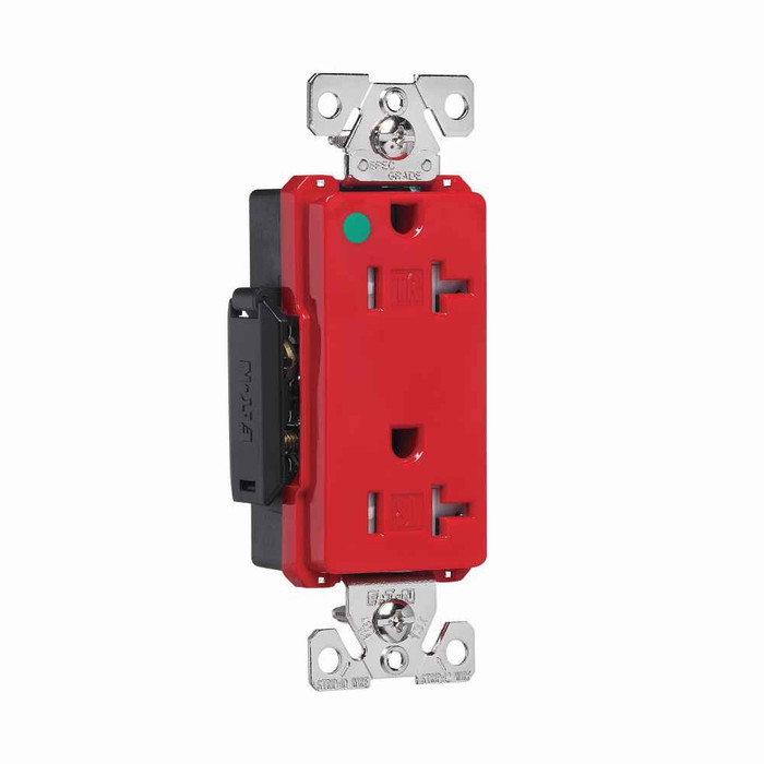 Eaton TR8362RD Arrow Hart extra heavy-duty hospital grade decorator duplex receptacle, #14-10 AWG, 20A, Healthcare, Flush, 125V, Back and side, Red, Brass, Impact-resistant nylon face, PVC body, 5-20R, Duplex, Screw, Glass-filled nylon, Core pack