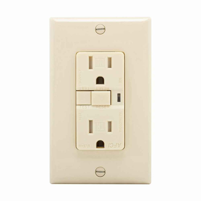 Eaton TRAFCI15V-BOX AFCI receptacle, Visual trip indicator light, box, 15A, 125V, Back wire and side wire, AFCI, Ivory, Brass, Receptacle, Tamper resistant, PVC, 5-15R, Two-pole, three-wire, grounding