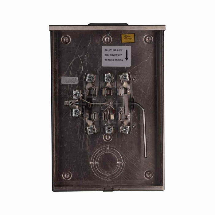 Eaton UATH7213UFLCH meter socket, 1-pos commercial or resi service, 200A, Over/under, Large hub cover plate hub mounted, #6-350 kcmil, 7-jaw, 3-ph, #6-350 kcmil, Lever bypass, Gnd conn (#14-#2 Cu), Al, Triplex, 4-wire, Ringless, 600 Vac