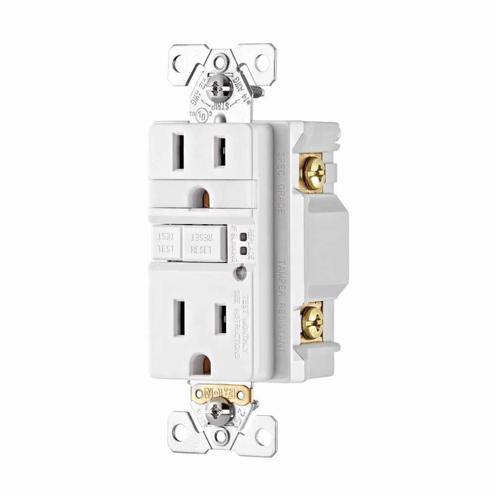 Eaton TRSGFNL15W GFCI receptacle,Nightlight,Tamper resistant,Self-test,#14 - 10 AWG,15A,Residential,Commercial,Flush,125 V,GFCI,Back and side wire,White,Night light,Brass,Receptacle,Tamper resistant,Polycarbonate,5-15R,Two-pole, three-wire, grounding