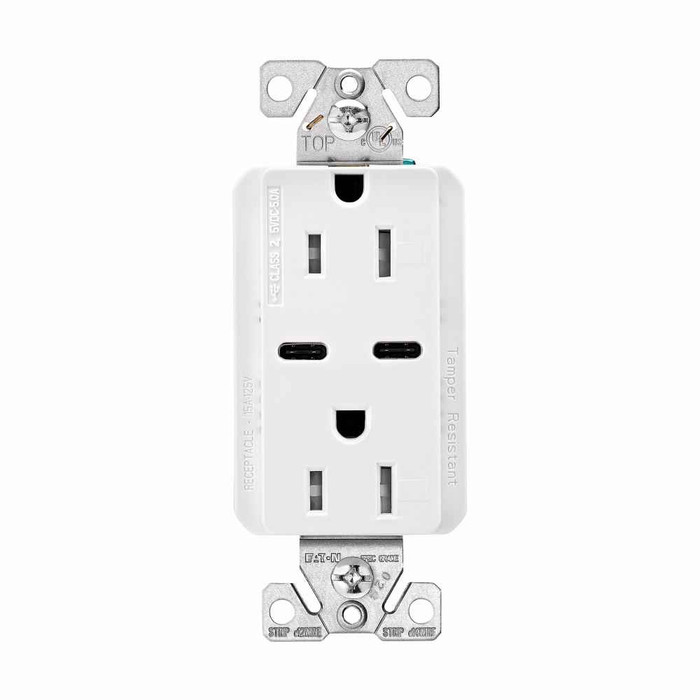 Eaton TRUSBC15W-BOX Combination USB Type-C Charger, 15A 5-15R Receptacle, 5A, 125 Vac, White, Box