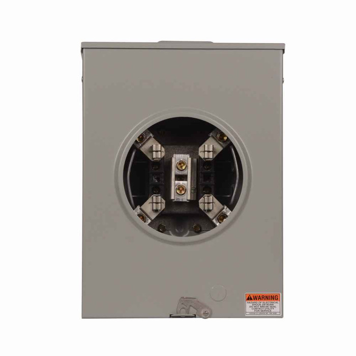 Eaton UAFHTRS202BSHCH meter socket, 1-pos resi service, 200A, Over/under, 3-5/16 inch hub open, 4-jaw, 1-ph, #8-250 kcmil, Al screw seal ring, barrel lock with guard provision, Horn bypass, Gnd conn (#14-#2 Cu), Al, Triplex, 3-wire, Ringless, 600 Vac