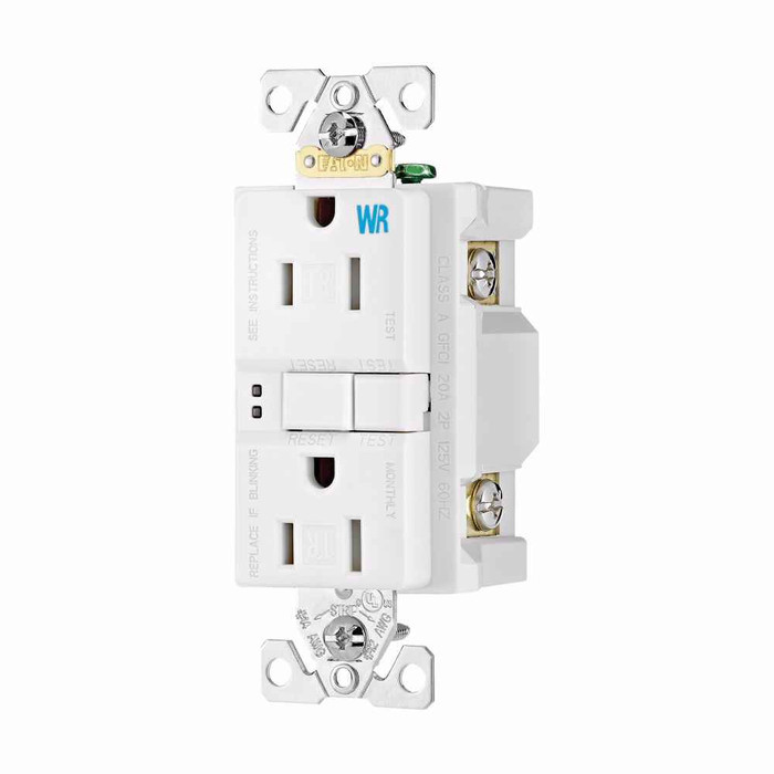 Eaton TWRSGF15FLA GFCI receptacle,NAFTA compliant,Self-test,#14-10 AWG,15A,Residential,Commercial,Flush,125V,Back and side wire,Light almond,Brass,Tamper and weather resistant,Polycarbonate,5-15R,Two-pole,Three-wire,grounding