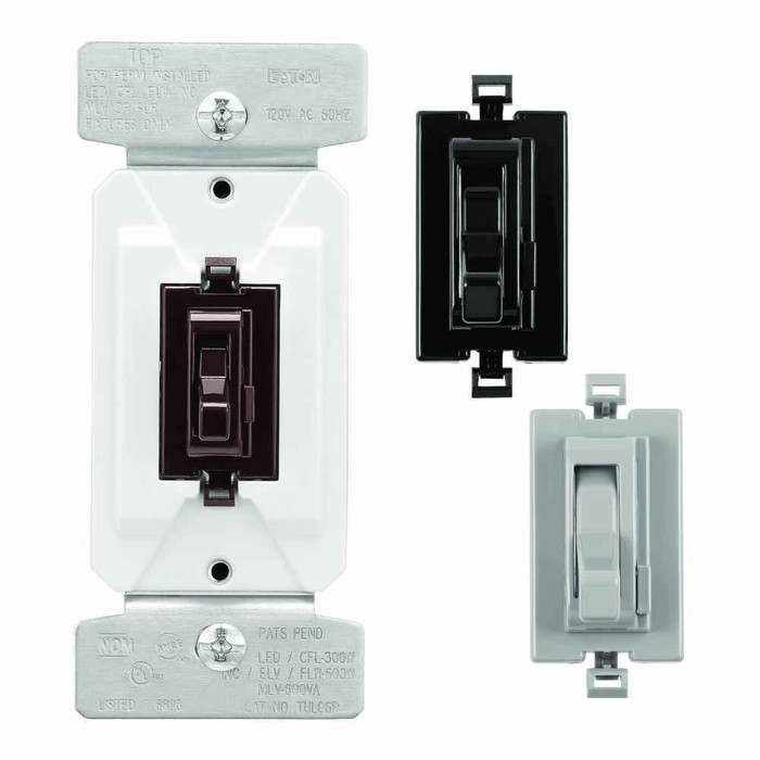 Eaton TUL06P-C7 toggle dimmer, Univ. toggle dimmer w/ preset Brown/Gray/Black, B
