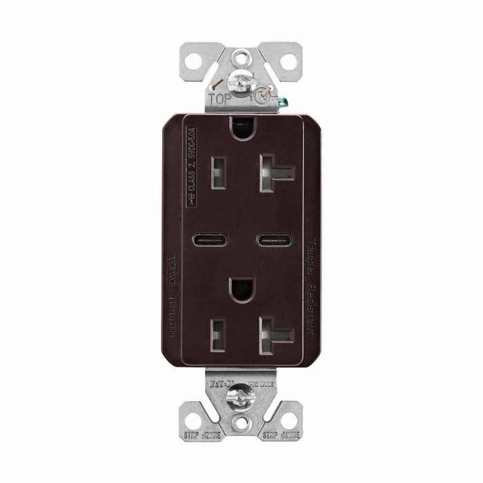 Eaton TRUSBC20B-K-L Combination USB Type-C Charger, 20A 5-20R Receptacle, 5A, 125 Vac, Brown