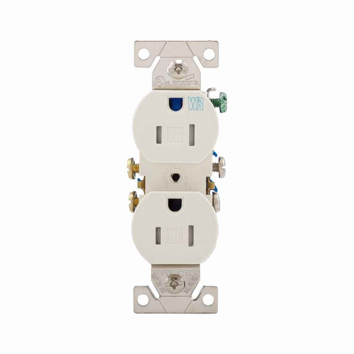 Eaton TWR270LA residential grade duplex receptacle, #14-10 AWG, 15A, Commercial|Residential, Flush, 125V, Side and push, Light almond, Brass, Weather resistant, Impact-resistant thermoplastic, 5-15R, Duplex, Screw, Thermoplastic, Core pack