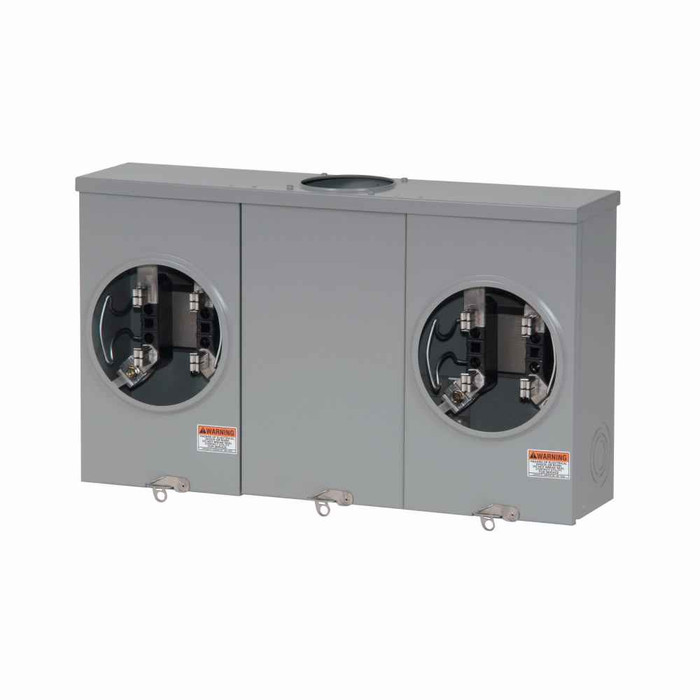 Eaton UHT2R2332TCH meter socket, Multi position resi service, 200 A, Over/under, 5x5 inch hub open, #6-350 kcmil, Four-jaw, 1-ph, #8-250 kcmil, Horn bypass, Gnd conn (#14-#2 Cu), Triplex, 3-wire, Ringless, 600 Vac