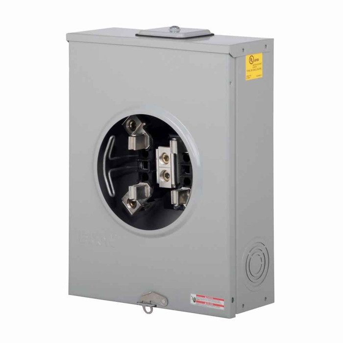 Eaton UTRS213CE meter socket, 1-pos resi service, 200 A, Over/under, 3-5/16 inch hub cover plate, #6-350 kcmil, 4-jaw, 1-ph, #6-350 kcmil, Gnd conn (#14-#2 Cu), Triplex, 3-wire, Ringless, 600 Vac