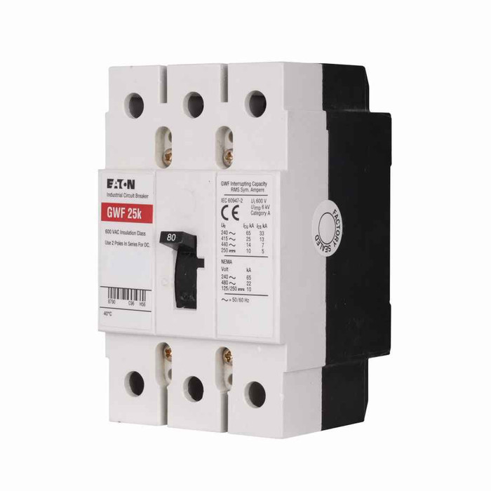 Eaton GWF3035V Series C complete molded case circuit breaker, G-frame, GWF, Complete breaker, Non-interchangeable thermal-magnetic trip type, Three-pole, 35A, 440 Vac, 25 kAIC at 415 Vac, Line and load, 50°C