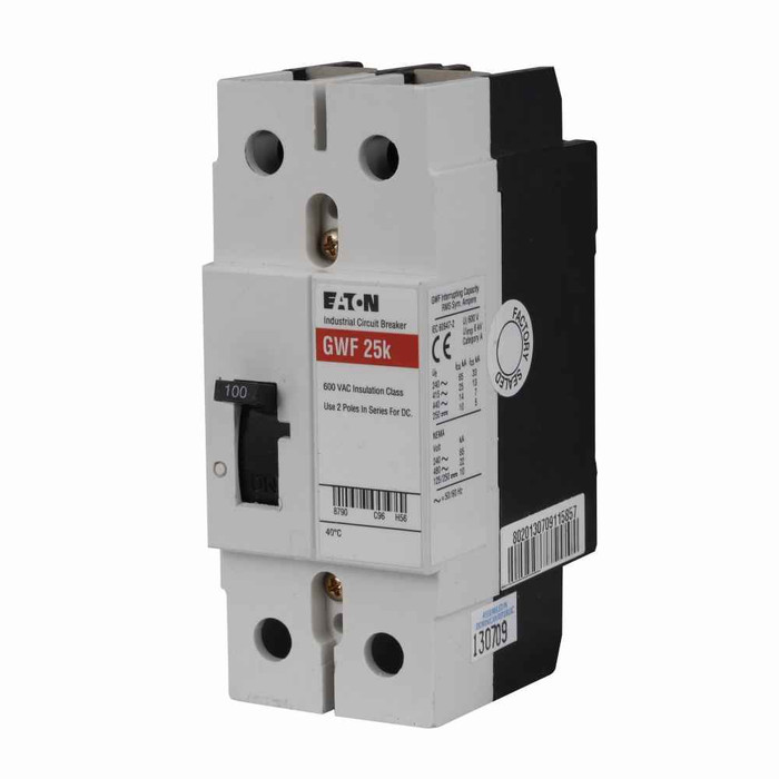 Eaton GWF2032 Series C complete molded case circuit breaker, G-frame, GWF, Complete breaker, Non-interchangeable thermal-magnetic trip type, Two-pole, 32A, 440 Vac, 25 kAIC at 415 Vac, Line and load