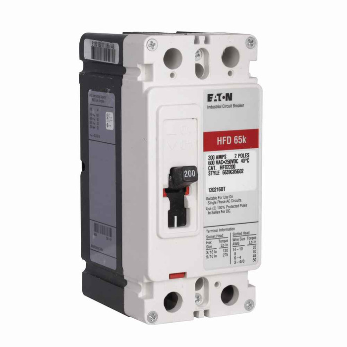 Eaton HFD2035L Series C complete molded case circuit breaker, F-frame, HFD, Complete breaker, Fixed thermal, fixed magnetic trip type, Two-pole, 35A, 600 Vac, 250 Vdc, 100 kAIC at 240 Vac, 65 kAIC at 480 Vac, Line and load, 50/60 Hz