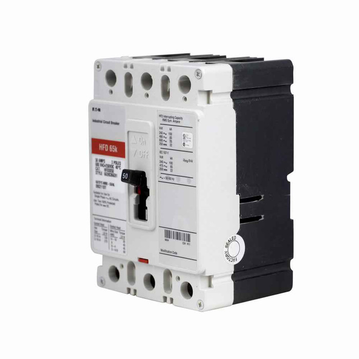 Eaton HFD3150A01S21 Series C complete molded case circuit breaker, F-frame, HFD, Fixed thermal and magnetic trips, Three-pole, 150A, 600 Vac, 250 Vdc, 100 kAIC at 240 Vac, 65 kAIC at 480 Vac, 48-127 Vac or 48-60 Vdc same side w/ right pigtail