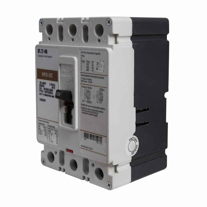 Eaton HFDDC3100LA02U82 Series C DC/PvGard complete molded case circuit breaker, F-frame, HFD, Fixed thermal and magnetic trips, Three-pole, 100A, 600 Vac, 250 Vdc, 42 kAIC at 600 Vac, Line/load, Vdc, 1A-1B rear w/ left pigtail, 24 Vdc rear w/ right p