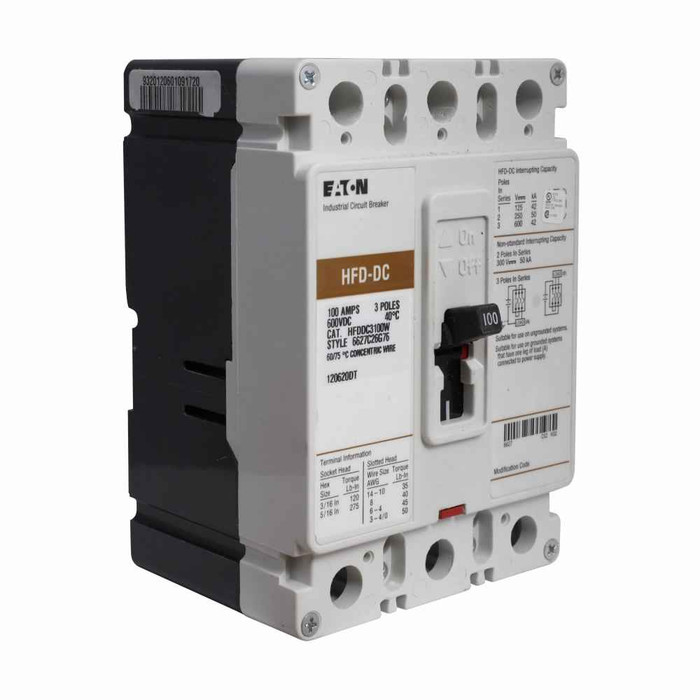 Eaton HFDDC3100LA13 Series C DC/PvGard complete molded case circuit breaker, F-frame, HFD, Complete breaker, Fixed thermal, fixed magnetic trip, Three-pole, 100A, 600 Vac, 250 Vdc, 42 kAIC at 600 Vac, Line and load, Vdc, 2A-2B rear with right pigtail