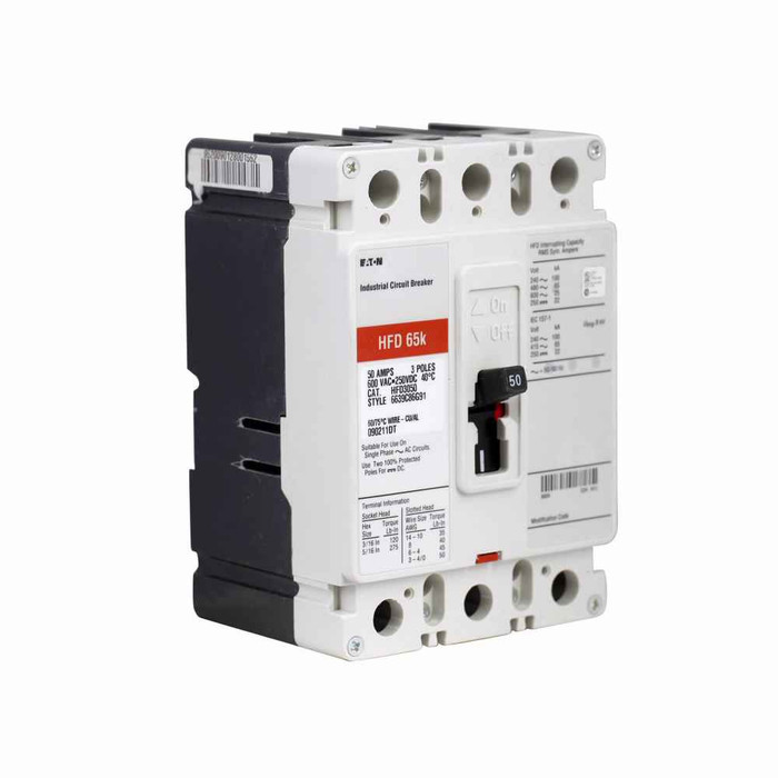 Eaton HFD3150L Series C complete molded case circuit breaker, F-frame, HFD, Complete breaker, Fixed thermal, fixed magnetic trip type, Three-pole, 150A, 600 Vac, 250 Vdc, 100 kAIC at 240 Vac, 65 kAIC at 480 Vac, Line and load, 50/60 Hz