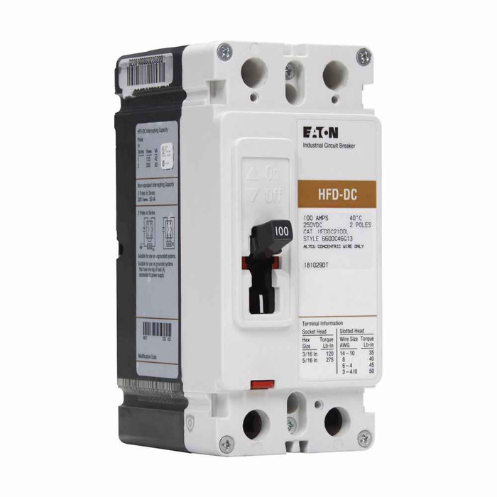 Eaton HFDDC2100L Series C DC/PvGard complete molded case circuit breaker, F-frame, HFD, Complete breaker, Fixed thermal, fixed magnetic trip type, Two-pole, 100A, 600 Vac, 250 Vdc, 42 kAIC at 600 Vac, Line and load, Vdc