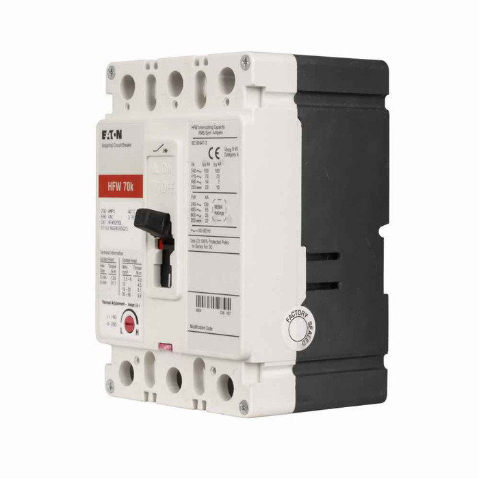 Eaton HFW3032JVL Series C complete molded case circuit breaker, F-Frame, HFW, Complete breaker, Adjustable thermal, adjustable magnetic trip type, Three-pole, 32A, 690 Vac, 70 kAIC at 415 Vac, Line and load, 50°C