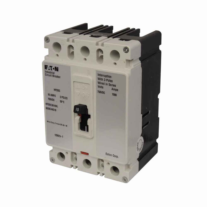 Eaton HFDDC3035L Series C DC/PvGard complete molded case circuit breaker, F-frame, HFD, Complete breaker, Fixed thermal, fixed magnetic trip type, Three-pole, 35A, 600 Vac, 250 Vdc, 42 kAIC at 600 Vac, Line and load, Vdc
