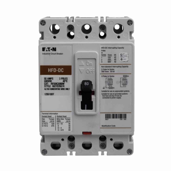 Eaton HFDDC3090L Series C DC/PvGard complete molded case circuit breaker, F-frame, HFD, Complete breaker, Fixed thermal, fixed magnetic trip type, Three-pole, 90A, 600 Vac, 250 Vdc, 42 kAIC at 600 Vac, Line and load, Vdc