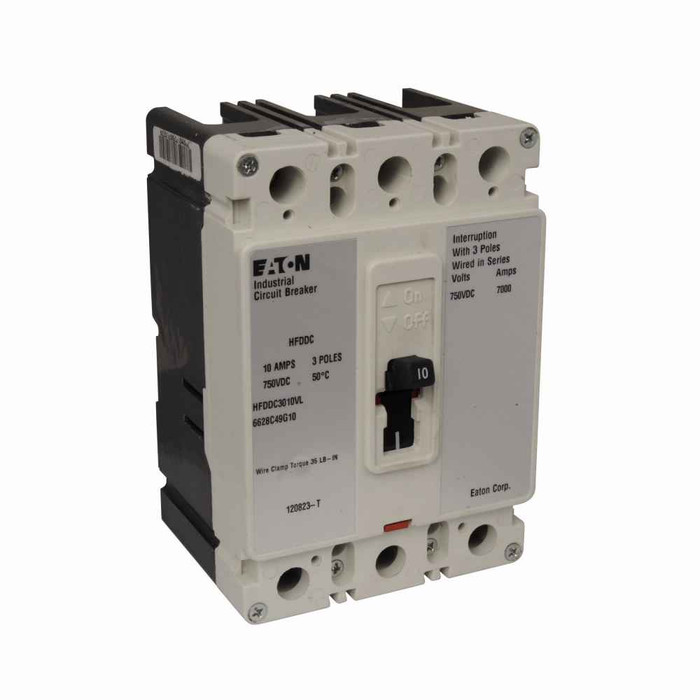 Eaton HFDDC3040LA13 Series C DC/PvGard complete molded case circuit breaker, F-frame, HFD, Complete breaker, Fixed thermal, fixed magnetic trip, Three-pole, 40A, 600 Vac, 250 Vdc, 42 kAIC at 600 Vac, Line and load, Vdc, 2A-2B rear with right pigtail