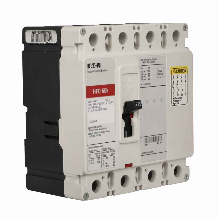 Eaton HFD4150L Series C complete molded case circuit breaker, F-frame, HFD, Complete breaker, Fixed thermal, fixed magnetic trip type, Four-pole, 150A, 600 Vac, 250 Vdc, 100 kAIC at 240 Vac, 65 kAIC at 480 Vac, Line and load, 50/60 Hz Eaton HFD4150L Series C complete molded case circuit breaker, F-frame, HFD, Complete breaker, Fixed thermal, fixed magnetic trip type, Four-pole, 150A, 600 Vac, 250 Vdc, 100 kAIC at 240 Vac, 65 kAIC at 480 Vac, Line and load, 50/60 Hz