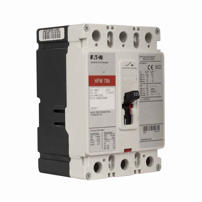 Eaton HFWF3063V Series C complete molded case circuit breaker, F-Frame, HFWF, Complete breaker, Fixed thermal, fixed magnetic trip type, Three-pole, 63A, 240 Vac, 70 kAIC at 240 Vac, Load side, 50°C