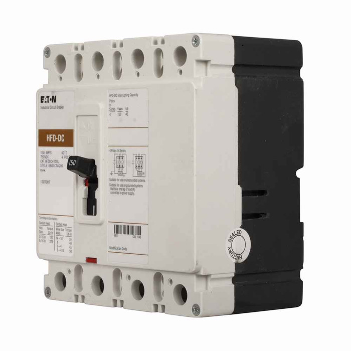 Eaton HFDDC4060L Series C DC/PvGard complete molded case circuit breaker, F-frame, HFD, Complete breaker, Fixed thermal, fixed magnetic trip type, Four-pole, 60A, 600 Vac, 250 Vdc, 42 kAIC at 600 Vac, Line and load, Vdc