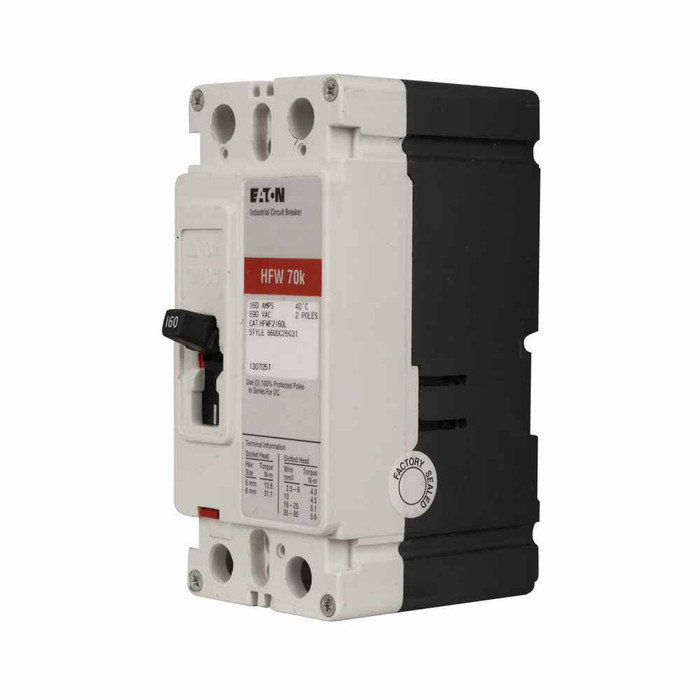 Eaton HFWF2050L Series C complete molded case circuit breaker, F-Frame, HFWF, Complete breaker, Fixed thermal, fixed magnetic trip type, Two-pole, 50A, 240 Vac, 70 kAIC at 240 Vac, Line and load